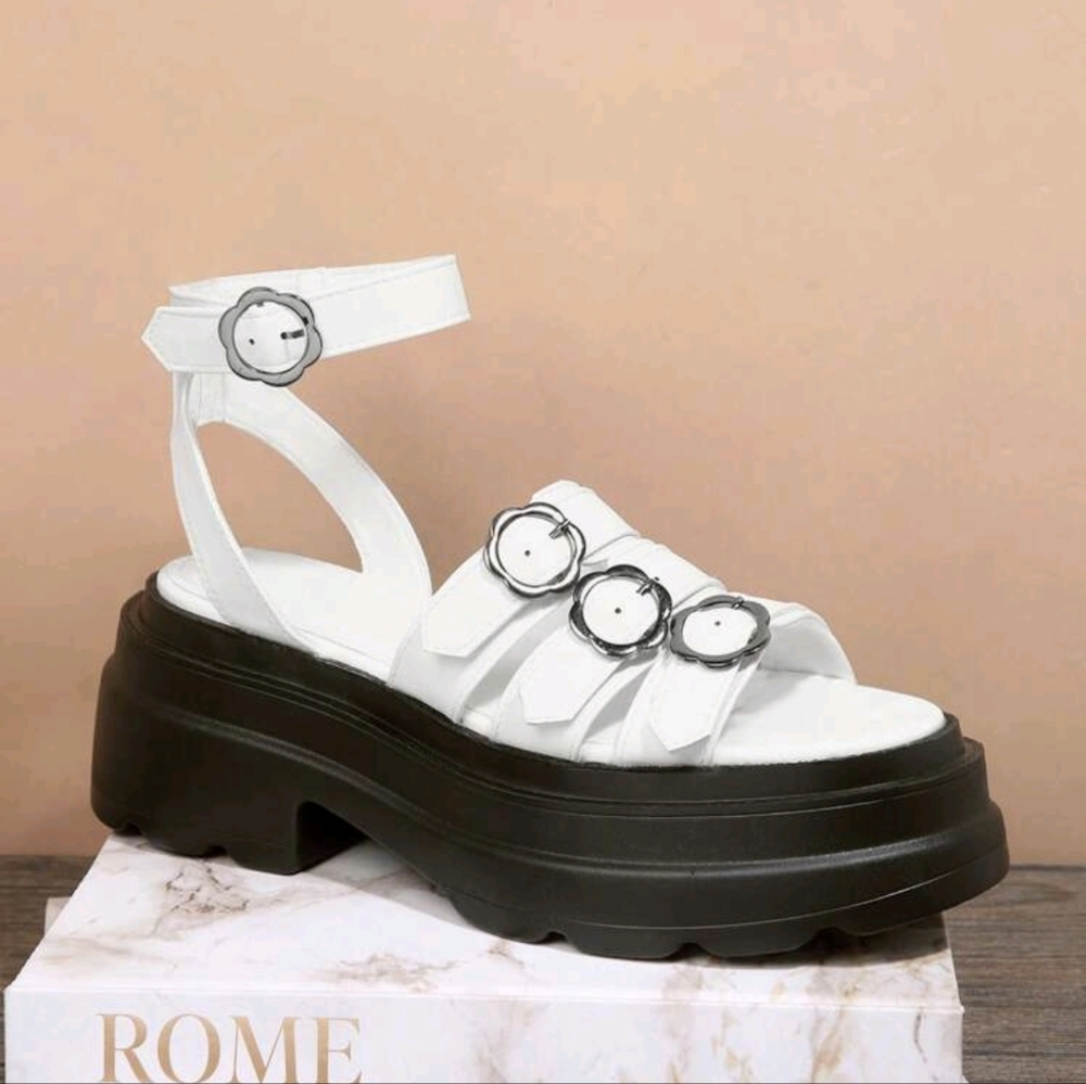 NEW White wedge chunky platform ankle strap sandals size 8